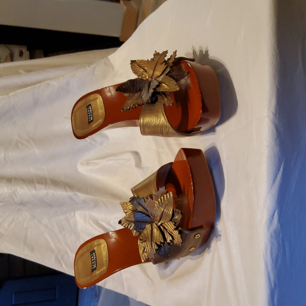 Wooden block heels antique gold leather straps